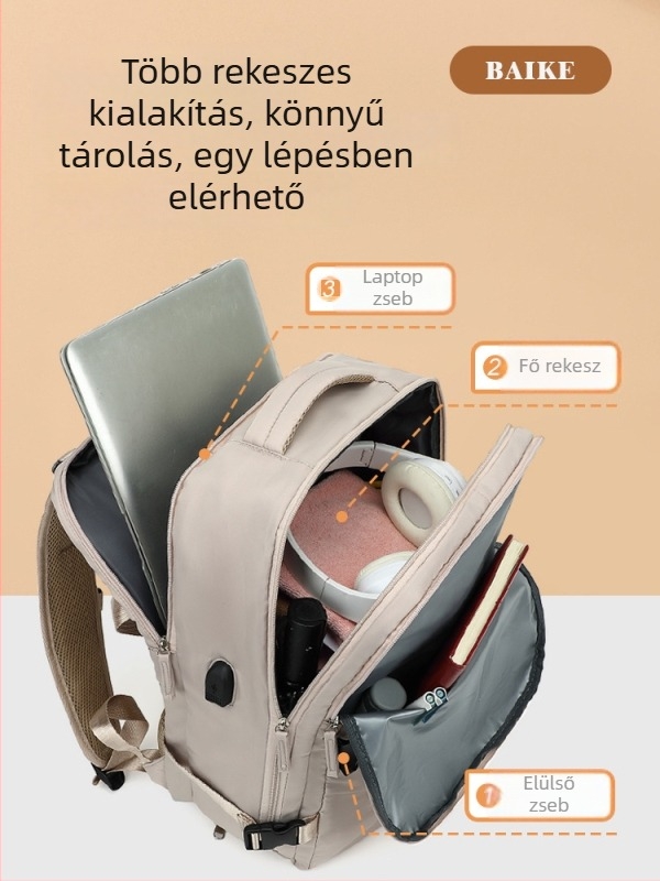 Unisex utazótáska hátizsák: vízálló poliészter, 36–55 L kapacitás, illeszkedik egy 14 hüvelykes laptophoz