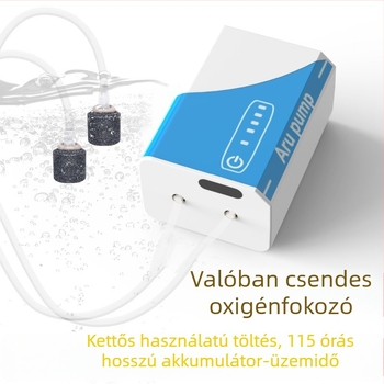 Akvárium oxigénellátó pumpa – tölthető, csendes, kompakt, USB lítium akkumulátorral, kültéri horgászathoz (210 g)