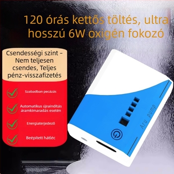 Akvárium oxigénellátó pumpa – tölthető, csendes, kompakt, USB lítium akkumulátorral, kültéri horgászathoz (210 g)