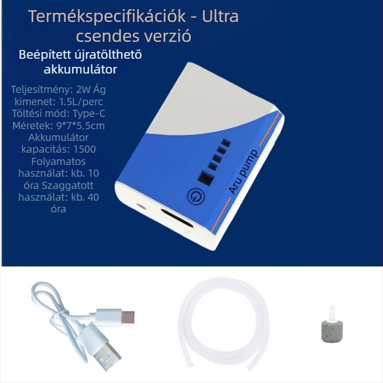 Akvárium oxigénellátó pumpa – tölthető, csendes, kompakt, USB lítium akkumulátorral, kültéri horgászathoz (210 g)