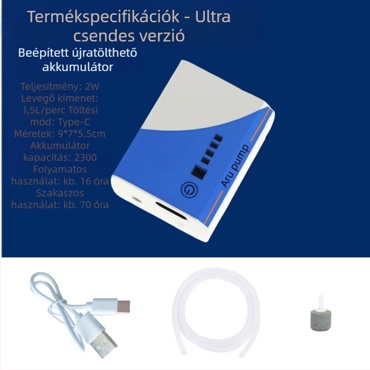 Akvárium oxigénellátó pumpa – tölthető, csendes, kompakt, USB lítium akkumulátorral, kültéri horgászathoz (210 g)