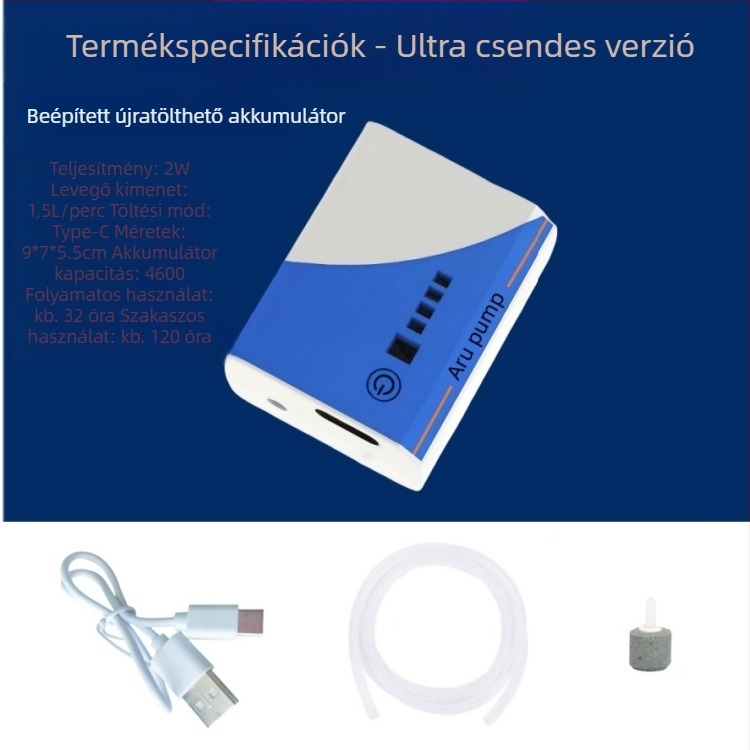 Akvárium oxigénellátó pumpa – tölthető, csendes, kompakt, USB lítium akkumulátorral, kültéri horgászathoz (210 g)