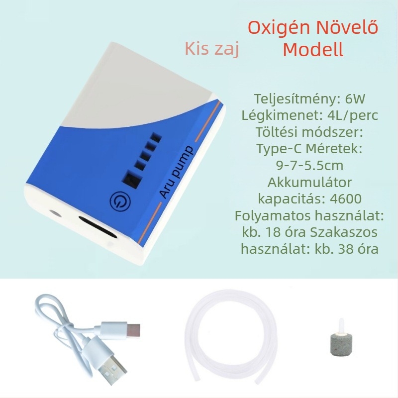 Akvárium oxigénellátó pumpa – tölthető, csendes, kompakt, USB lítium akkumulátorral, kültéri horgászathoz (210 g)