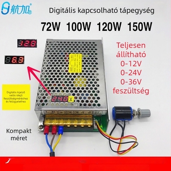 Digitális kijelzős DC tápegység PWM-szabályozással, kapcsoló típusú, kimenet 0-36V, 150W-ig, 0-6A, bemenet 110/220V, hatékonyság 85%, kimeneti zaj <100 mV