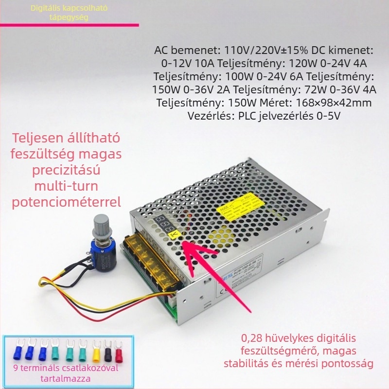 Digitális kijelzős DC tápegység PWM-szabályozással, kapcsoló típusú, kimenet 0-36V, 150W-ig, 0-6A, bemenet 110/220V, hatékonyság 85%, kimeneti zaj <100 mV