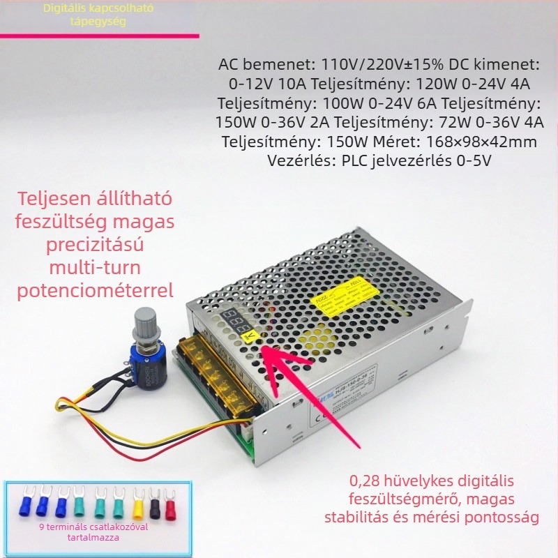 Digitális kijelzős DC tápegység PWM-szabályozással, kapcsoló típusú, kimenet 0-36V, 150W-ig, 0-6A, bemenet 110/220V, hatékonyság 85%, kimeneti zaj <100 mV