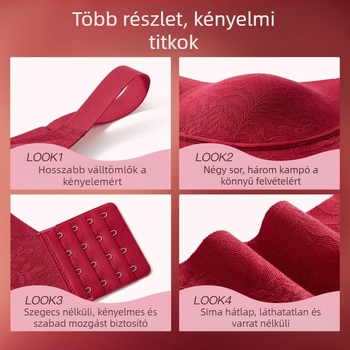 Nylon anyagú női melltartó, 3/4 kosár, középmagas formázott kosár, rögzített dupla pánt, hátul négy sor kapocs, gyűjtésre és karcsúsításra
