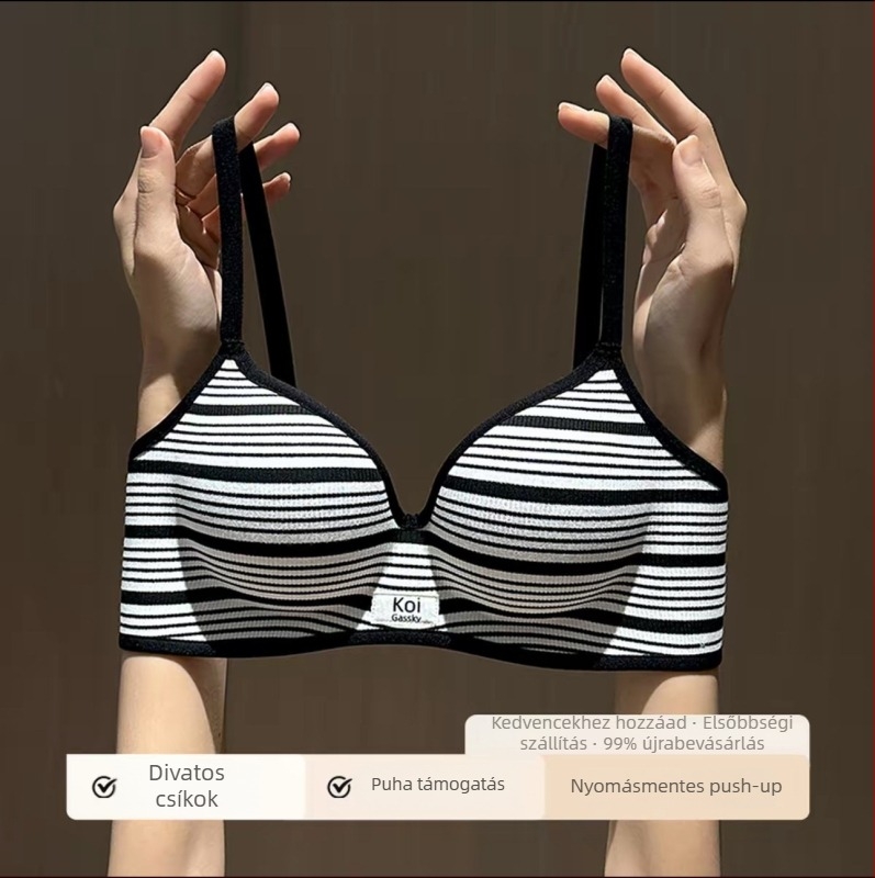 Csíkos, drót nélküli push-up melltartó, 3/4 kosár, nylon