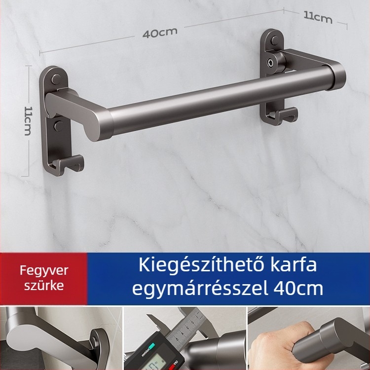 Falra szerelt törölközőkar, alumínium ötvözet, fúrás nélküli rögzítés, összecsukható, teherbírás 30 kg, felületkezelés: elektroplating, 1 réteg; tárolásra és törölköző felakasztására