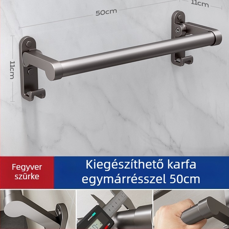 Falra szerelt törölközőkar, alumínium ötvözet, fúrás nélküli rögzítés, összecsukható, teherbírás 30 kg, felületkezelés: elektroplating, 1 réteg; tárolásra és törölköző felakasztására