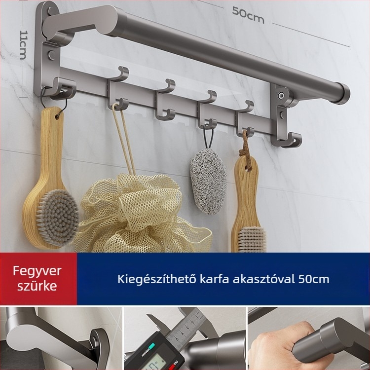 Falra szerelt törölközőkar, alumínium ötvözet, fúrás nélküli rögzítés, összecsukható, teherbírás 30 kg, felületkezelés: elektroplating, 1 réteg; tárolásra és törölköző felakasztására