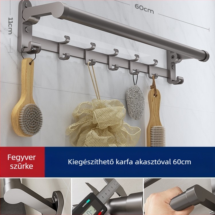 Falra szerelt törölközőkar, alumínium ötvözet, fúrás nélküli rögzítés, összecsukható, teherbírás 30 kg, felületkezelés: elektroplating, 1 réteg; tárolásra és törölköző felakasztására