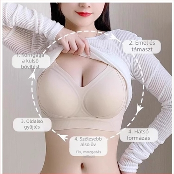 Sima varrás nélküli emelő melltartó, lágy tartással, nylon anyagú külső, spandex bélés, közepes formázott kosár latex kosár, fix dupla vállpántok, hátul négy sor kapocs