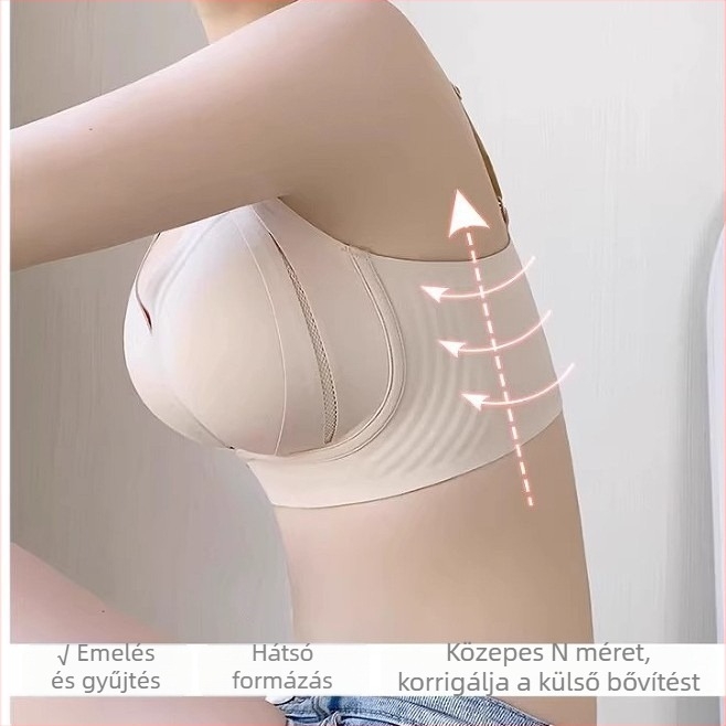 Sima varrás nélküli emelő melltartó, lágy tartással, nylon anyagú külső, spandex bélés, közepes formázott kosár latex kosár, fix dupla vállpántok, hátul négy sor kapocs
