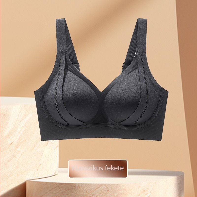 Sima varrás nélküli emelő melltartó, lágy tartással, nylon anyagú külső, spandex bélés, közepes formázott kosár latex kosár, fix dupla vállpántok, hátul négy sor kapocs