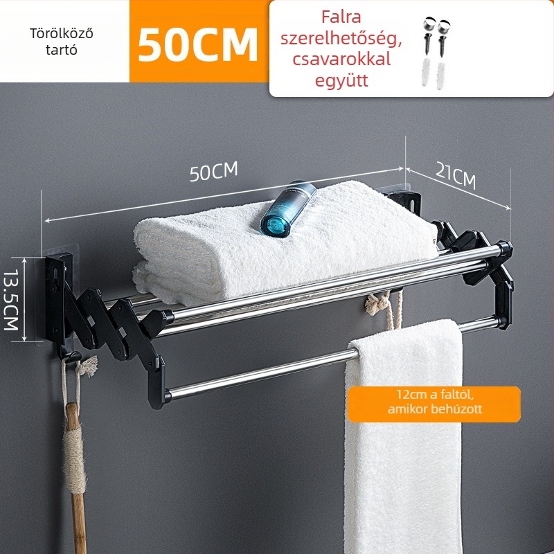 Rozsdamentes acél teleszkópos törölközőtartó, 15 kg teherbírás, felületkezelés: fényes felület, egyetlen réteg
