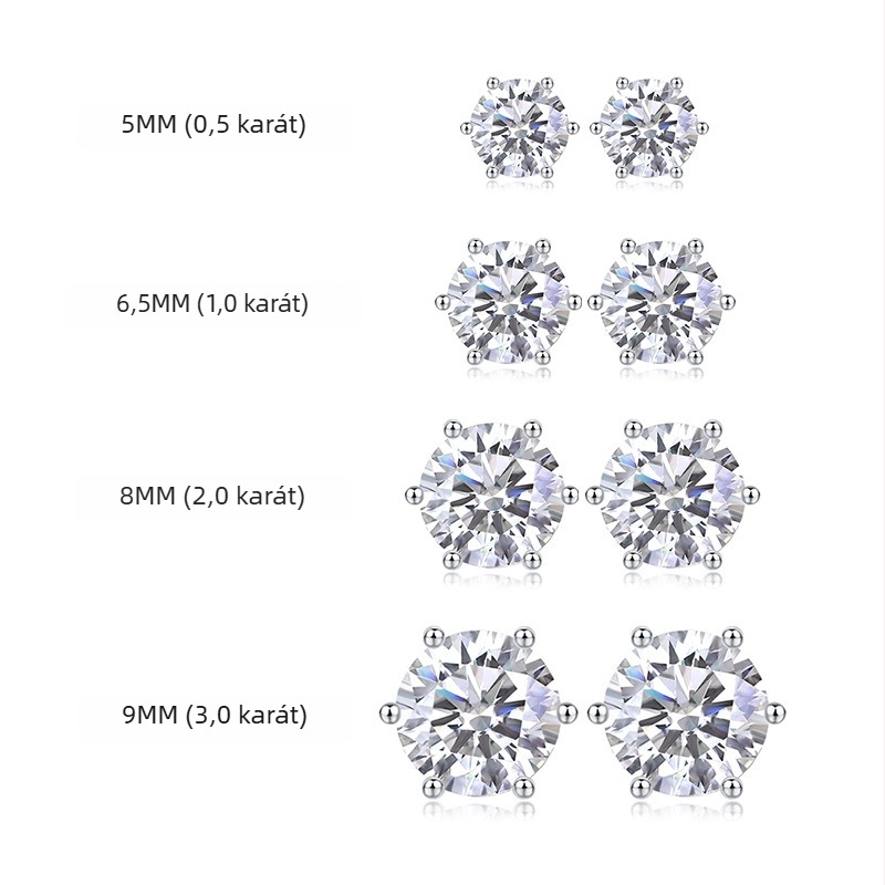 Hatágú Moissanit stud fülbevaló, ezüst S925, kerek forma, 0,1–3 ct, Uniszex; Egyszerű dizájn