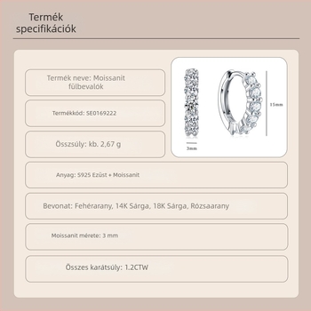 Moissanite fülbevalók S925-ös ezüstből | luxus stílus, Ins-stílus karikás fülbevalók, kerek briliáns vágás, geometriai forma