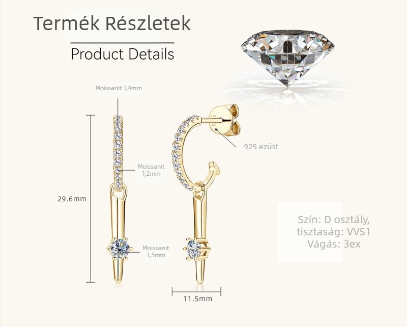 Női moissanit fülbevalók, 925-ös ezüst, kerek alak, nyolc szív és nyolc nyíl vágás