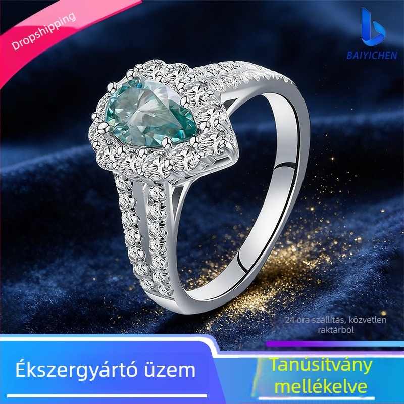 BAIYICHEN Moissanite gyűrű, csepp alakú, gyémánttal díszített, koreai stílusú
