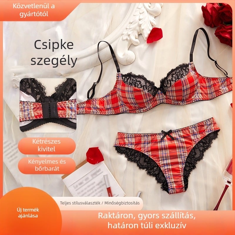 Sexi csipkés melltartó és tangabugyi, retro kockás mintával, francia stílusú fehérnemű, két darabos készlet
