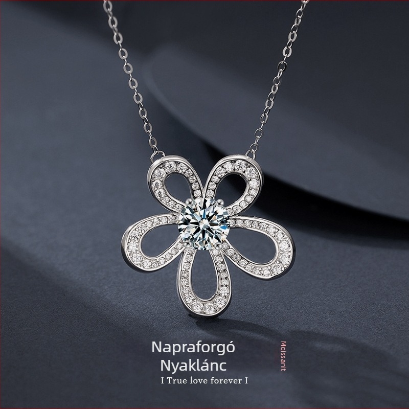 S925 ezüst moissanite nyaklánc napraforgó formájú öt levélű medállal, pavé kövekkel