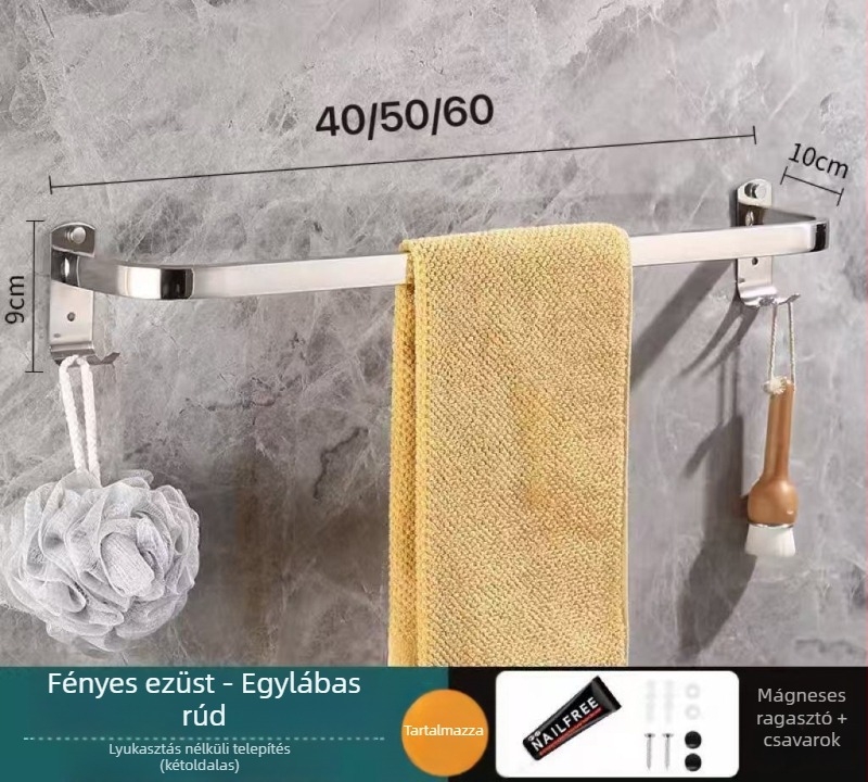 Rozsdamentes acél törölközőtartó – falra szerelhető, fúrás nélkül, egy- és kettős rúd, 10 kg teherbírás