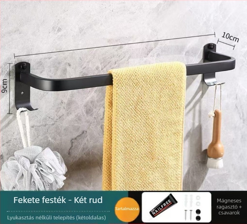 Rozsdamentes acél törölközőtartó – falra szerelhető, fúrás nélkül, egy- és kettős rúd, 10 kg teherbírás