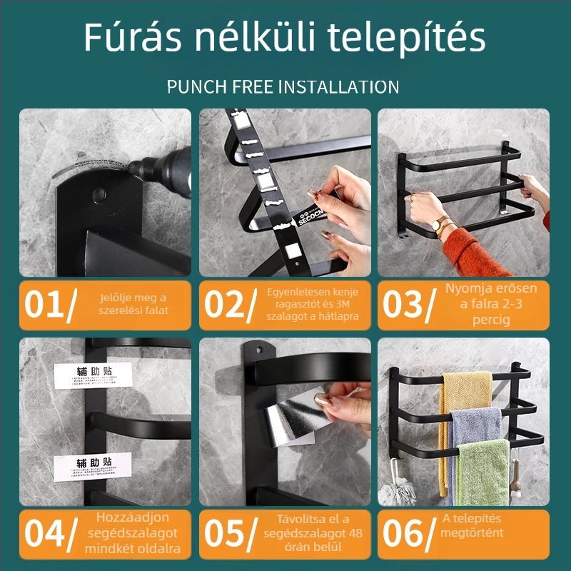 Rozsdamentes acél törölközőtartó – falra szerelhető, fúrás nélkül, egy- és kettős rúd, 10 kg teherbírás