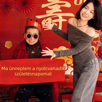 Idősek születésnapi fotózásához készült banner rekvizítum – kézben tartva, ceremoniális hangulat, kínai stílusú vászon, helyszín dekoráció (Anyag: Vászon; Stílus: Kínai; Használat: Születésnap; Kategória: Helyszín elrendezés rekvizit)