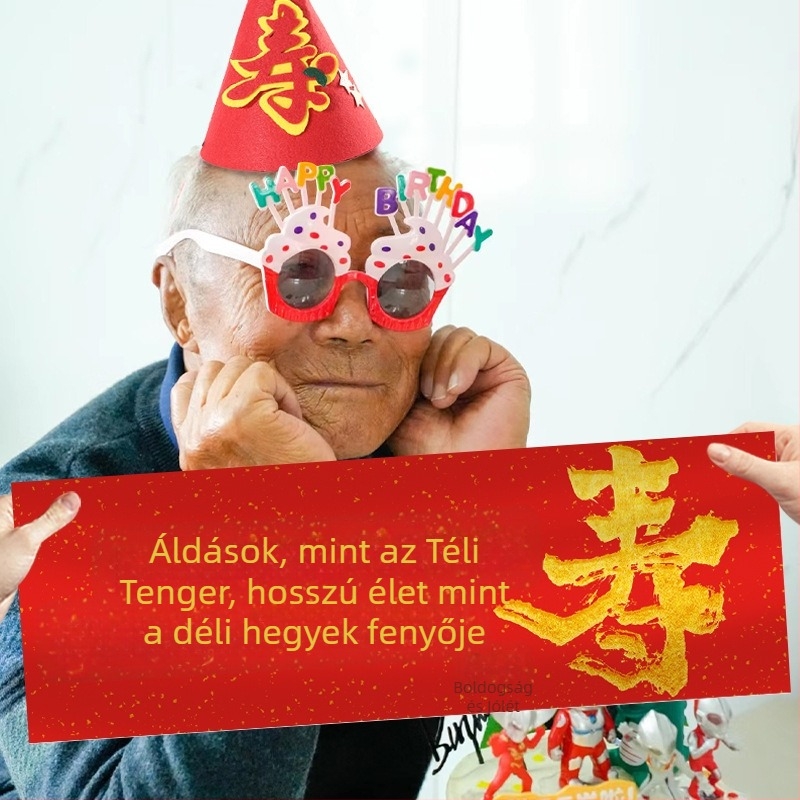 Idősek születésnapi fotózásához készült banner rekvizítum – kézben tartva, ceremoniális hangulat, kínai stílusú vászon, helyszín dekoráció (Anyag: Vászon; Stílus: Kínai; Használat: Születésnap; Kategória: Helyszín elrendezés rekvizit)