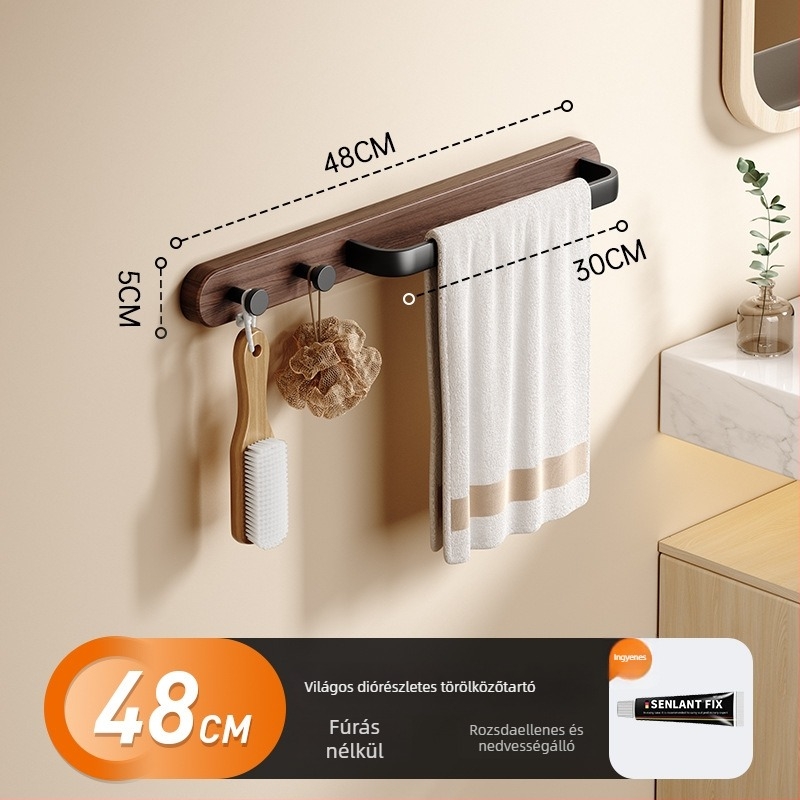 Fúrás nélküli törölközőtartó fürdőszobába — anyag: bükk / diófa / Space alumínium; vízálló, szellőző, teherbírás 20 kg