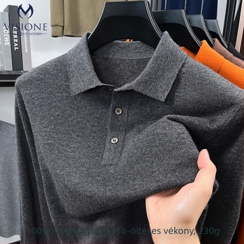 100% gyapjúból készült, finom kötésű férfi polo pulóver, galléros polo stílus, vékony, hosszú ujjú, 65-80 cm középmagas hossz