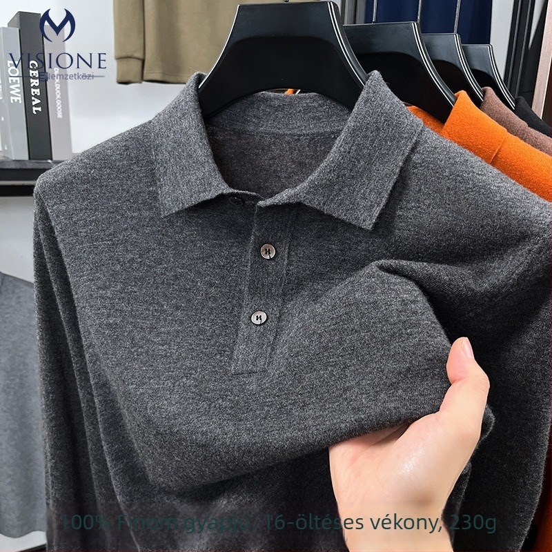 100% gyapjúból készült, finom kötésű férfi polo pulóver, galléros polo stílus, vékony, hosszú ujjú, 65-80 cm középmagas hossz
