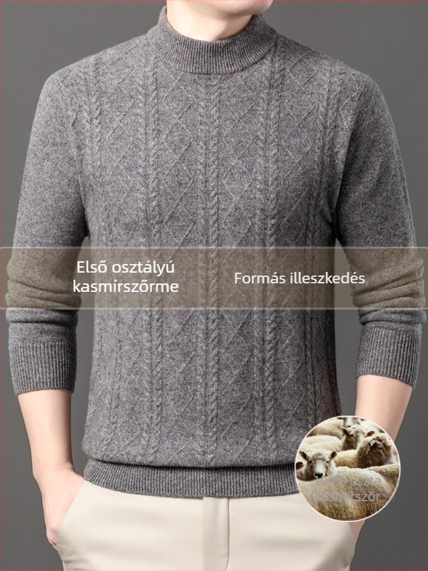 Férfi kasmír pulóver, városi stílus, karcsúsított szabás, kerek gallér, jacquard kötés, 95%+ kasmír