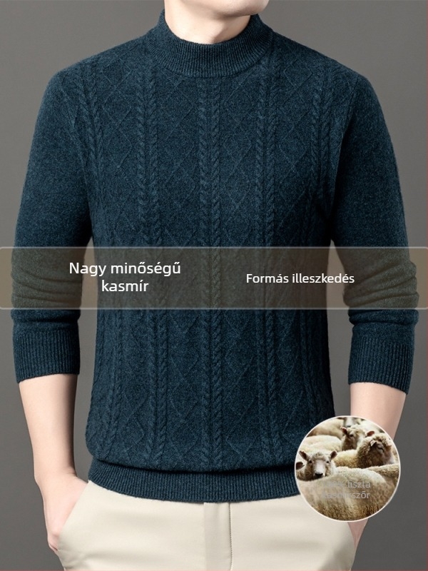 Férfi kasmír pulóver, városi stílus, karcsúsított szabás, kerek gallér, jacquard kötés, 95%+ kasmír