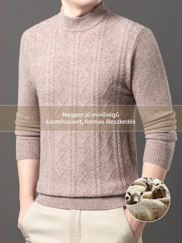 Férfi kasmír pulóver, városi stílus, karcsúsított szabás, kerek gallér, jacquard kötés, 95%+ kasmír