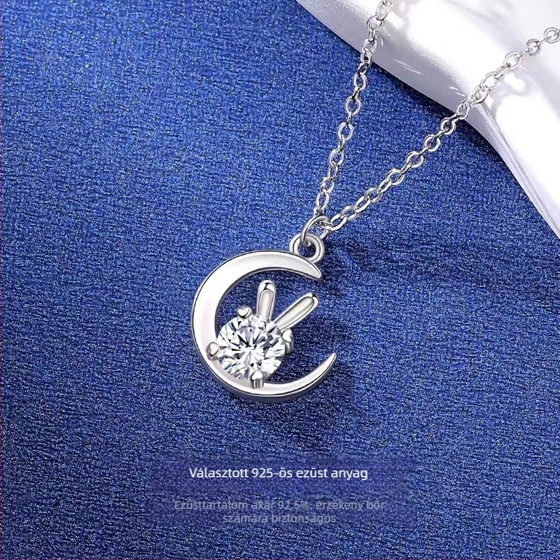 Moon Rabbit Moissanite Nyaklánc, 925-ös ezüst, Moissanit betét, Női divat ékszer