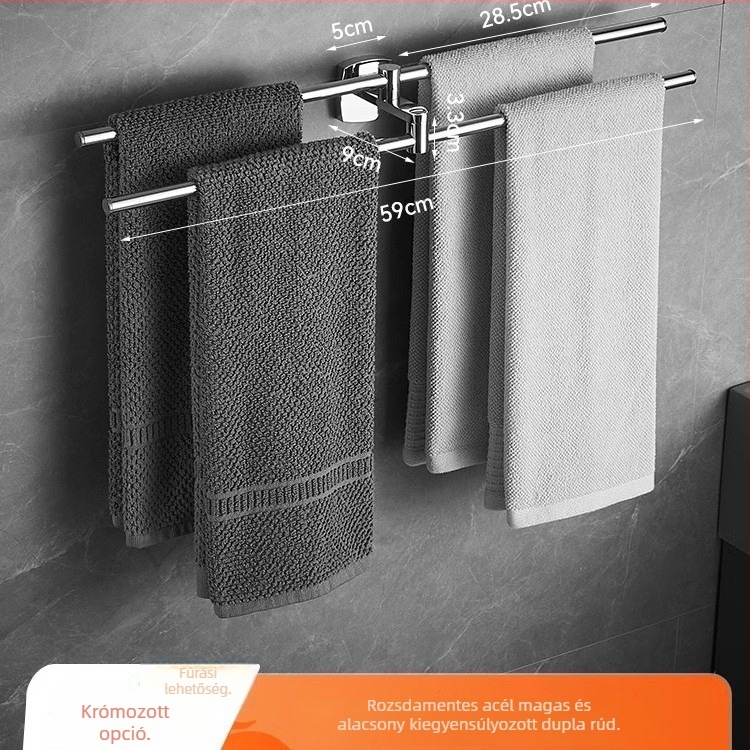 Rozsdamentes acél törölközőtartó tükrös felülettel, egyrétegű kivitel, teherbírás 1–3 kg, világos luxus stílus.