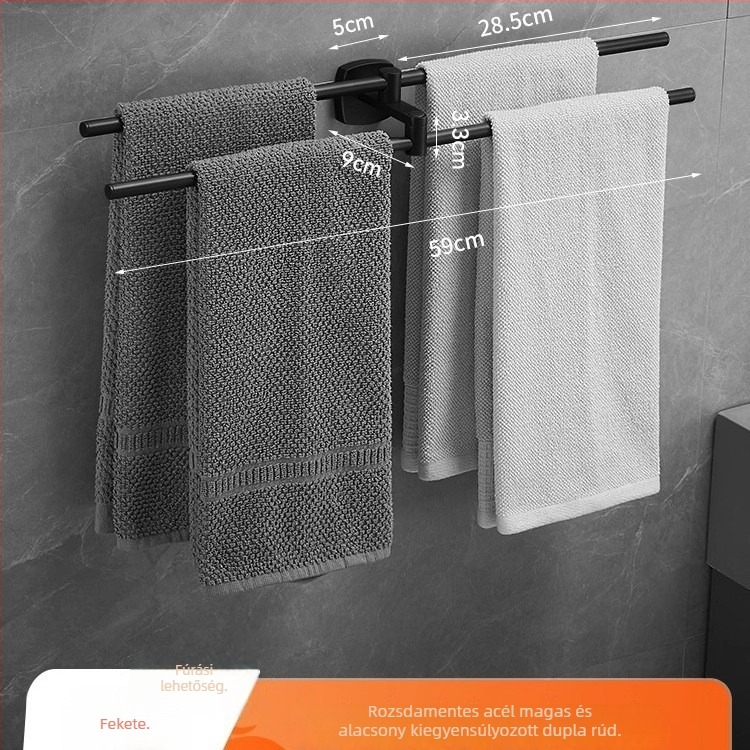 Rozsdamentes acél törölközőtartó tükrös felülettel, egyrétegű kivitel, teherbírás 1–3 kg, világos luxus stílus.