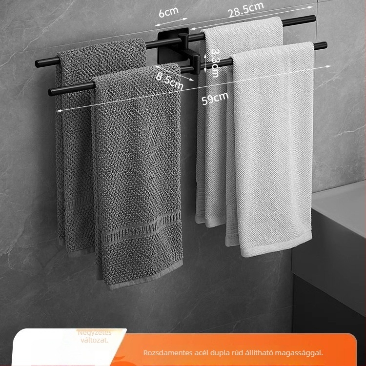 Rozsdamentes acél törölközőtartó tükrös felülettel, egyrétegű kivitel, teherbírás 1–3 kg, világos luxus stílus.