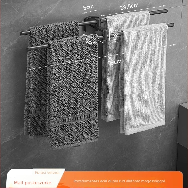 Rozsdamentes acél törölközőtartó tükrös felülettel, egyrétegű kivitel, teherbírás 1–3 kg, világos luxus stílus.