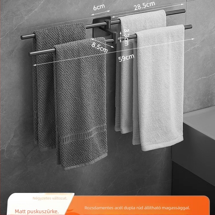 Rozsdamentes acél törölközőtartó tükrös felülettel, egyrétegű kivitel, teherbírás 1–3 kg, világos luxus stílus.
