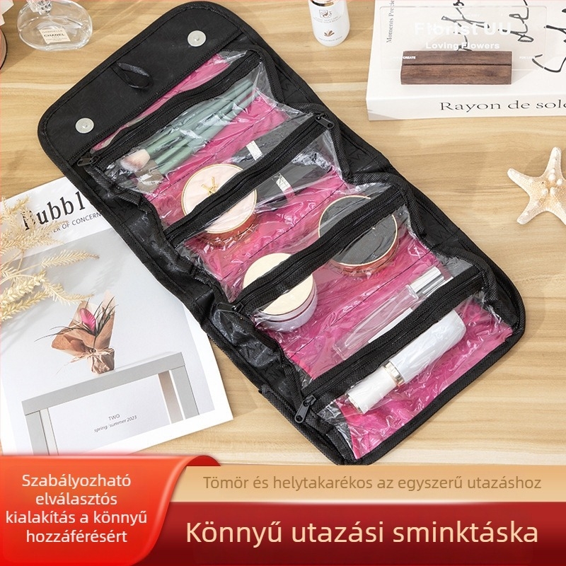 Sminkes táska A1966, leválasztható, összecsukható kialakítás, kézitáska-stílusú, nem pamut textil, zárt zárás, utazáshoz ideális
