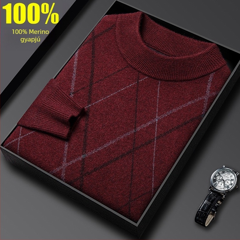 Férfi 100% gyapjú pulóver, fél magas gallérral, vastag, hosszú ujjú, üzleti-kényelmi stílus