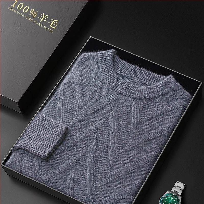 Férfi 100% tiszta gyapjú vastag pulóver kerek nyakkal, jacquard kötés, laza szabás, őszi-téli viselet