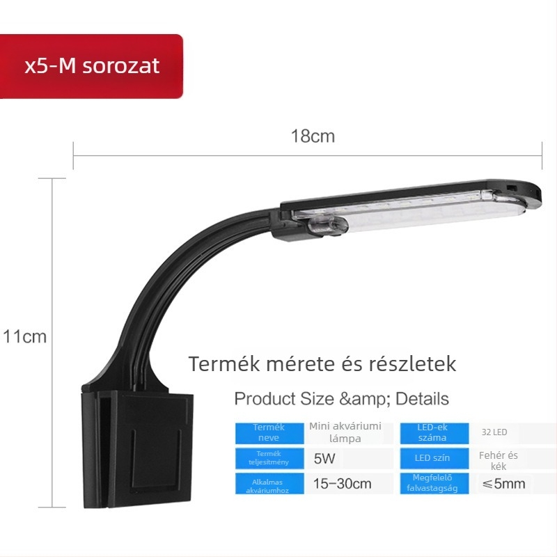Klip LED világítás akváriumhoz vízi növények növesztésére, 5W, műanyag test, 0,3 kg