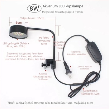 Akvárium LED klipszlámpa, USB táplálás, vízi növényekhez, 8W, 170 g, állítható fényerő