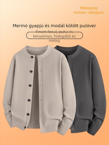 Férfi gyapjú-modál kardigán pulóver, kötött felső, hosszú ujjú, kerek nyakú, lazább szabás, bordázott szegély