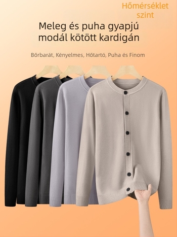 Férfi gyapjú-modál kardigán pulóver, kötött felső, hosszú ujjú, kerek nyakú, lazább szabás, bordázott szegély
